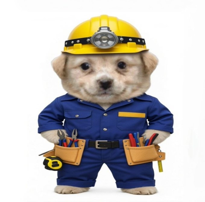 Gaejuki dressed as a builder with a hard hat and tool belt