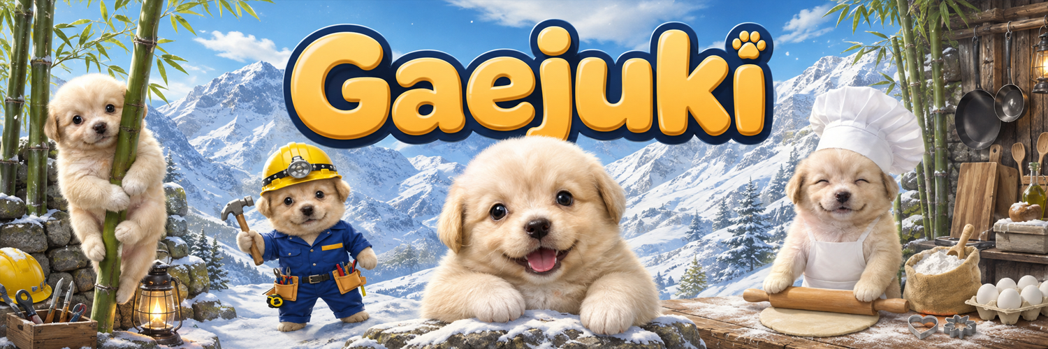 Gaejuki banner with the whole pup crew in the snowy mountains